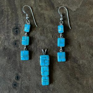 Vintage Navajo Sterling Silver Sky Blue Turquoise Necklace Set Signed DF Artist